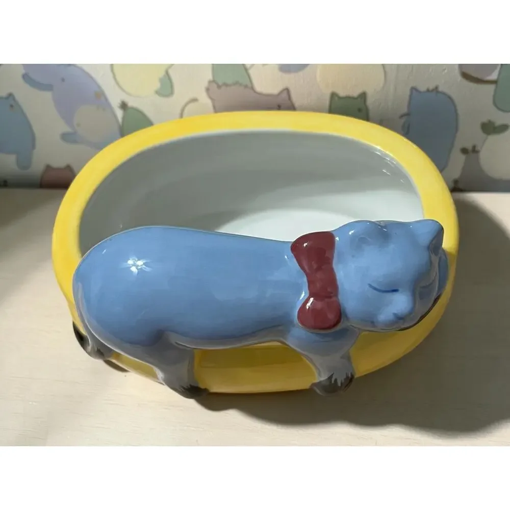 Vintage Sleeping Gray Black Cat Bow Ceramic Trinket Dish Planter Yellow Bowl